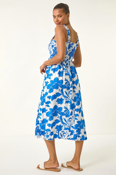 Roman Blue Floral Shirred Midi Dress
