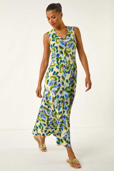 Roman Blue Abstract Print Sleeveless Midi Dress