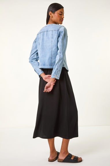 Roman Light Denim Pearl Detail Collarless Jacket