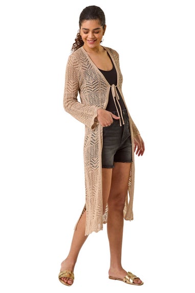 Roman Natural Longline Tie Cotton Blend Knit Cardigan