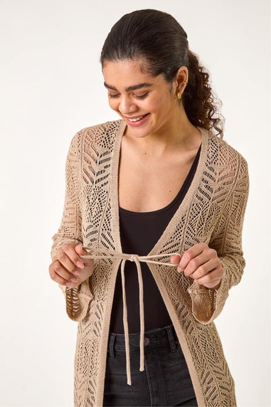 Roman Natural Longline Tie Cotton Blend Knit Cardigan