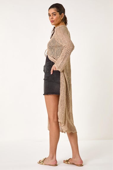 Roman Natural Longline Tie Cotton Blend Knit Cardigan