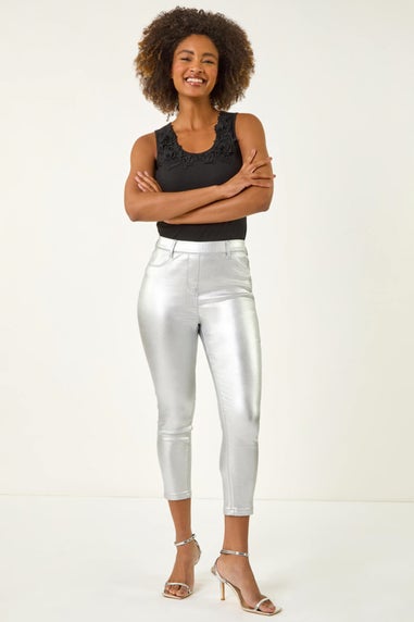 Roman Silver Metallic Coated Crop Jeggings