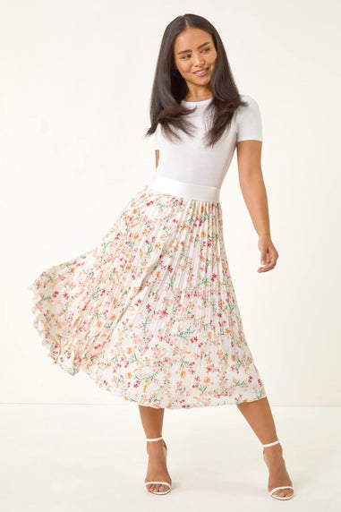 Roman Pink Petite Floral Pleated Midi Skirt