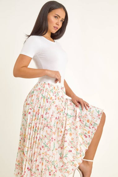 Roman Pink Petite Floral Pleated Midi Skirt