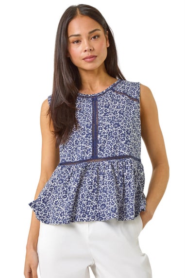 Roman Navy Petite Floral Print Trim Vest Top