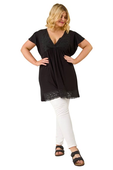 Roman Black Curve Lace Trim Stretch Top