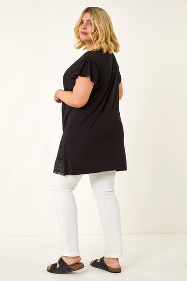 Roman Black Curve Lace Trim Stretch Top
