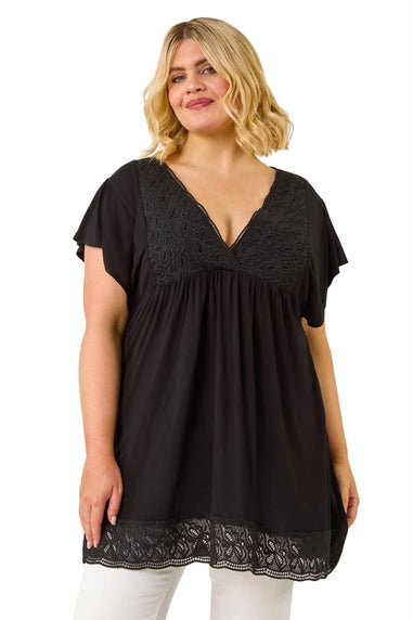 Roman Black Curve Lace Trim Stretch Top