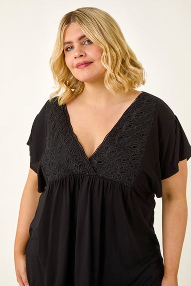 Roman Black Curve Lace Trim Stretch Top