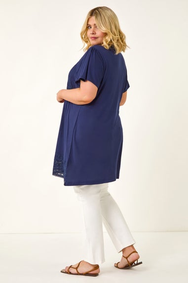 Roman Navy Curve Lace Trim Stretch Top