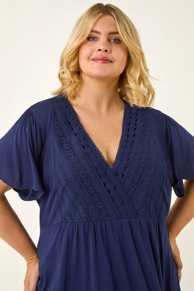 Roman Navy Curve Lace Trim Stretch Top
