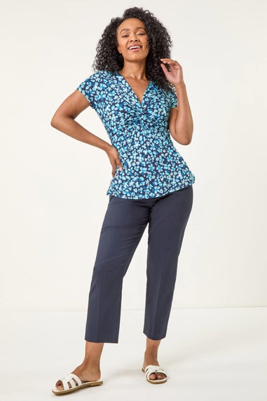 Roman Turquoise Petite Spot Twist Front Stretch Top