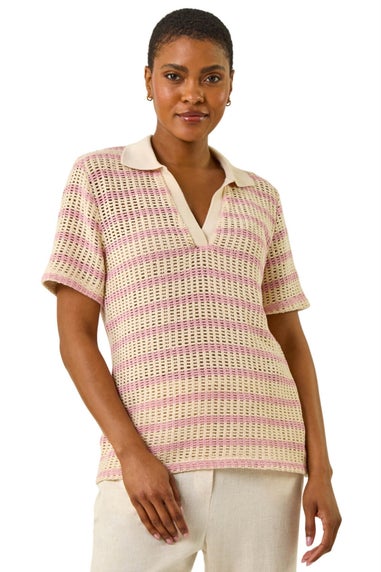 Roman Pink Stripe Crochet Collar Knit Top