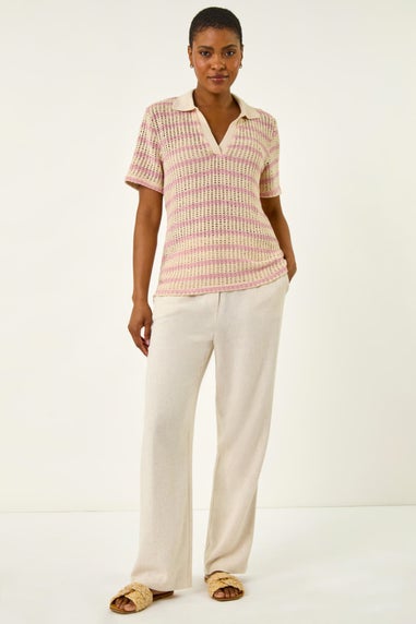 Roman Pink Stripe Crochet Collar Knit Top