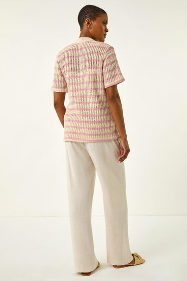 Roman Pink Stripe Crochet Collar Knit Top