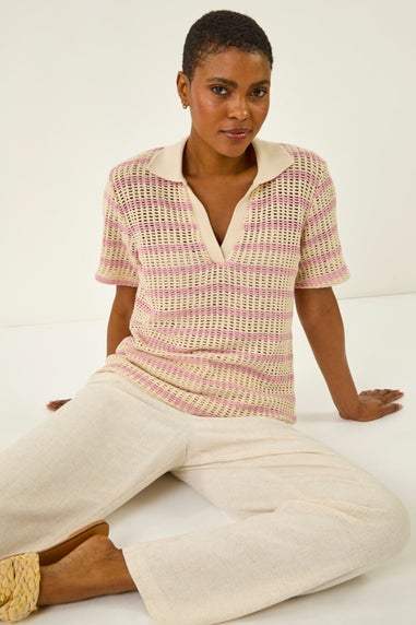 Roman Pink Stripe Crochet Collar Knit Top