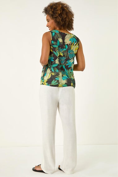 Roman Green Leaf Print Pleat Front Vest Top