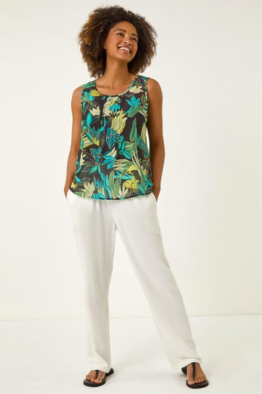 Roman Green Leaf Print Pleat Front Vest Top