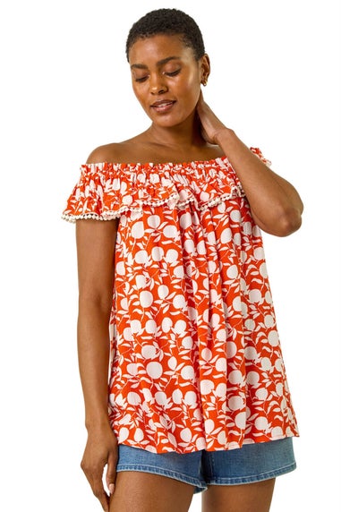 Roman Orange Printed Bardot Trim Detail Top
