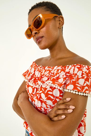 Roman Orange Printed Bardot Trim Detail Top