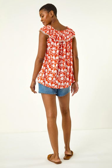 Roman Orange Printed Bardot Trim Detail Top