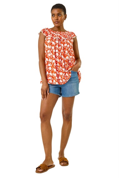 Roman Orange Printed Bardot Trim Detail Top