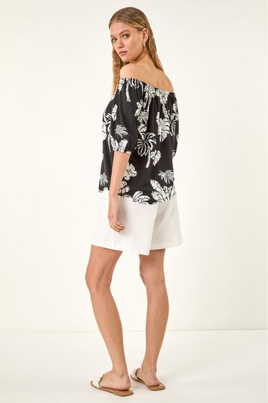 Roman Black Leaf Print Bardot Tie Front Stretch Top