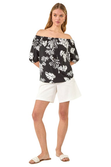 Roman Black Leaf Print Bardot Tie Front Stretch Top