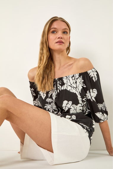 Roman Black Leaf Print Bardot Tie Front Stretch Top