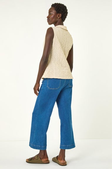 Roman Ivory Textured Sleeveless Buttoned Blouse