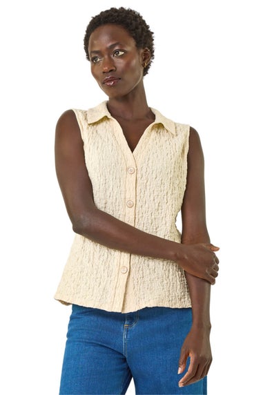 Roman Ivory Textured Sleeveless Buttoned Blouse