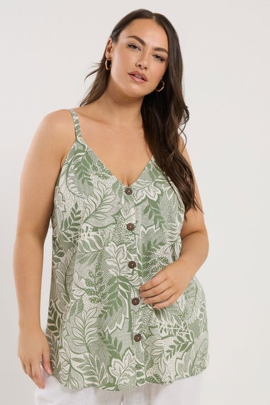 Yours Curve Green Tropical Leaf Print Button Front Cami Top