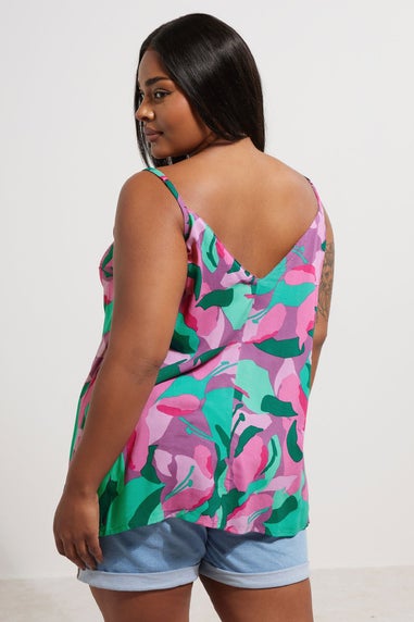 Yours Curve Pink Abstract Print Lace Trim Cami Top