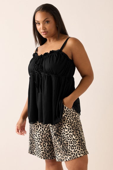 Yours Curve Black Frilled Tie Front Cami Top