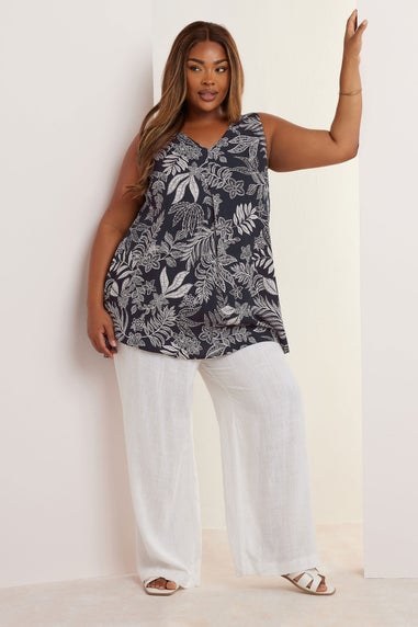Yours Curve Navy Blue Palm Leaf Pleat Front Vest Top