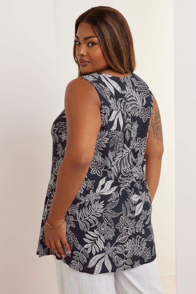 Yours Curve Navy Blue Palm Leaf Pleat Front Vest Top