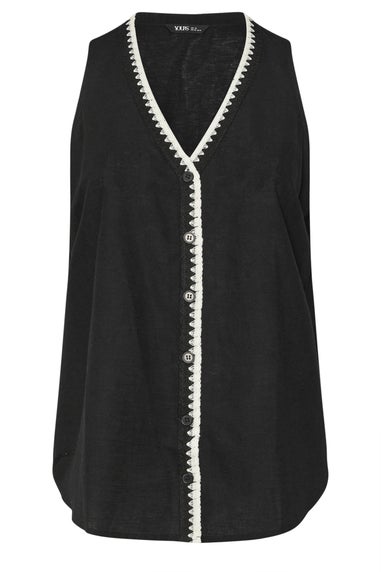 Yours Curve Black Blanket Stitch Linen Vest Top