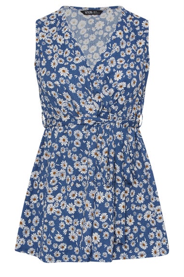 Yours Curve Blue Daisy Print Sleeveless Wrap Top