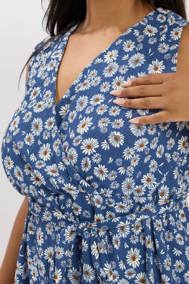 Yours Curve Blue Daisy Print Sleeveless Wrap Top