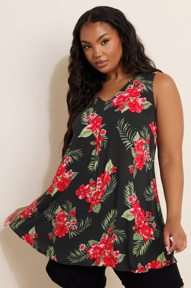 Yours Curve Black Floral Print Pleat Front Vest Top