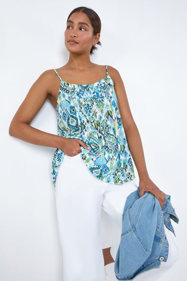 Roman Blue Aztec Print Pleat Front Cami Top