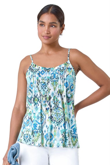 Roman Blue Aztec Print Pleat Front Cami Top