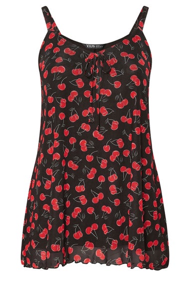 Yours Curve Black Mesh Cherry Graphic Tie Vest Top