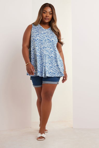 Yours Curve Blue Floral Pleat Front Vest Top