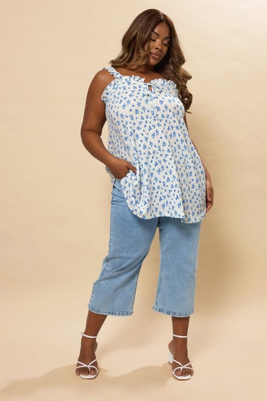 Yours Curve Blue Ditsy Floral Tie Neck Frill Cami Top
