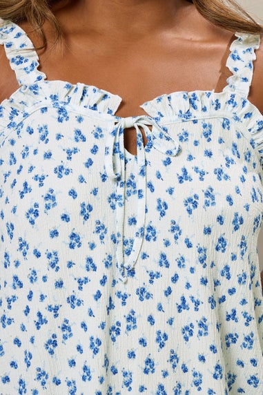 Yours Curve Blue Ditsy Floral Tie Neck Frill Cami Top