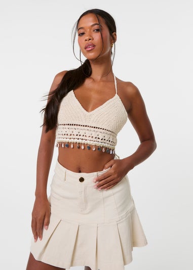 Pink Vanilla Stone Crochet Bralette With Shell Detail