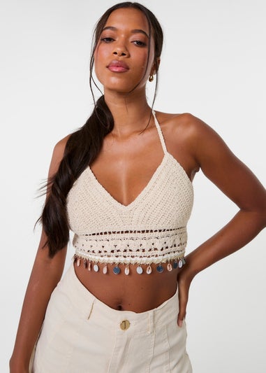 Pink Vanilla Stone Crochet Bralette With Shell Detail