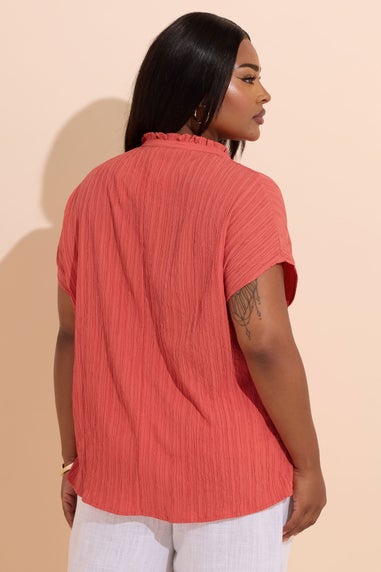 Yours Curve Coral Orange Textured Frill Neck Top